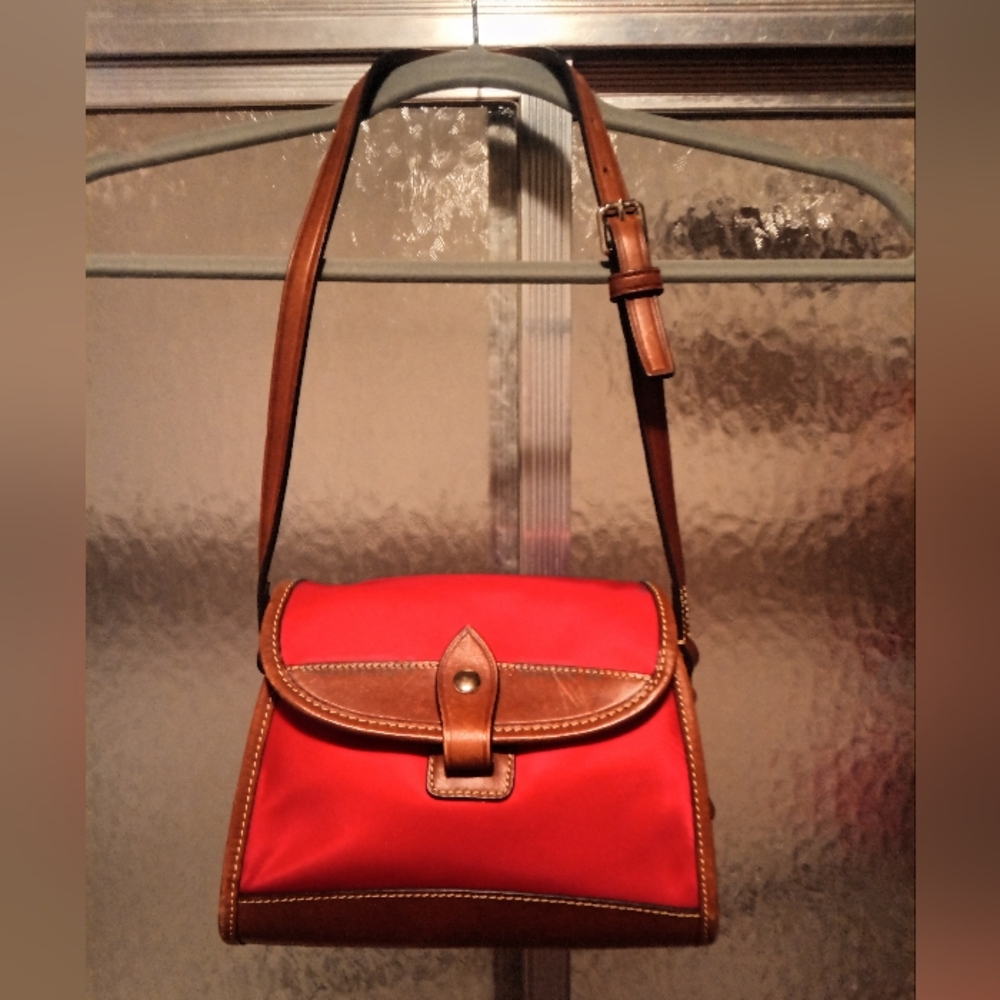 Authentic Dooney & Bourke Hot Pink Crossbody Bag with Brown Leather Trim